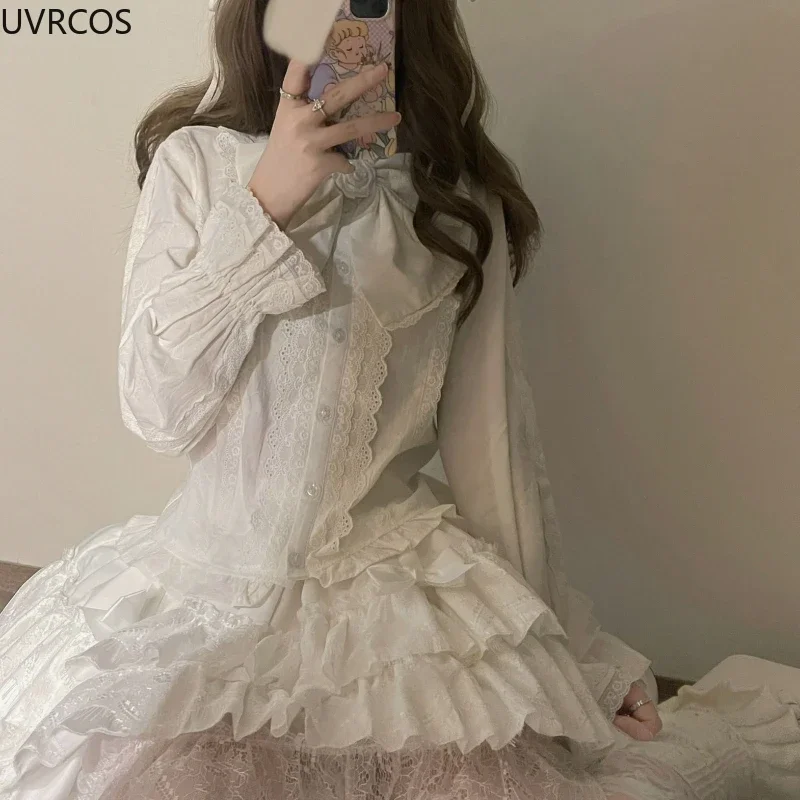 Ruffles doces Peter Pan Collar Blusa Loliita manga comprida, Top japonês Y2K, Camisas de princesa Harajuku, Camisa bonito kawaii, 2024