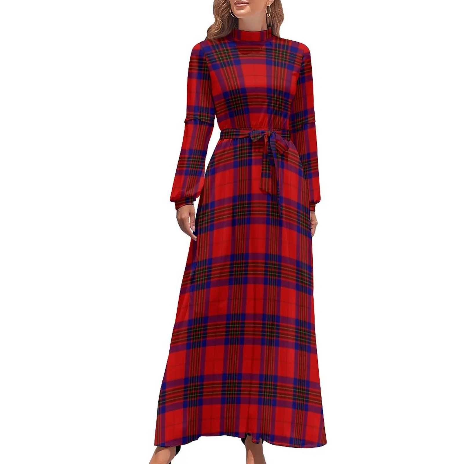 

Red Black Plaid Dress Check Print Kawaii Design Maxi Dress High Waist Long Sleeve Aesthetic Beach Long Dresses