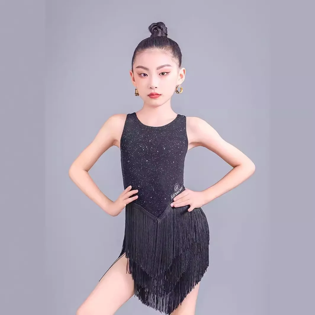Children's Latin Dance Costume 2024 Summer New Girls' Training Clothes Advanced Black Dance Tassel Performance Clothing