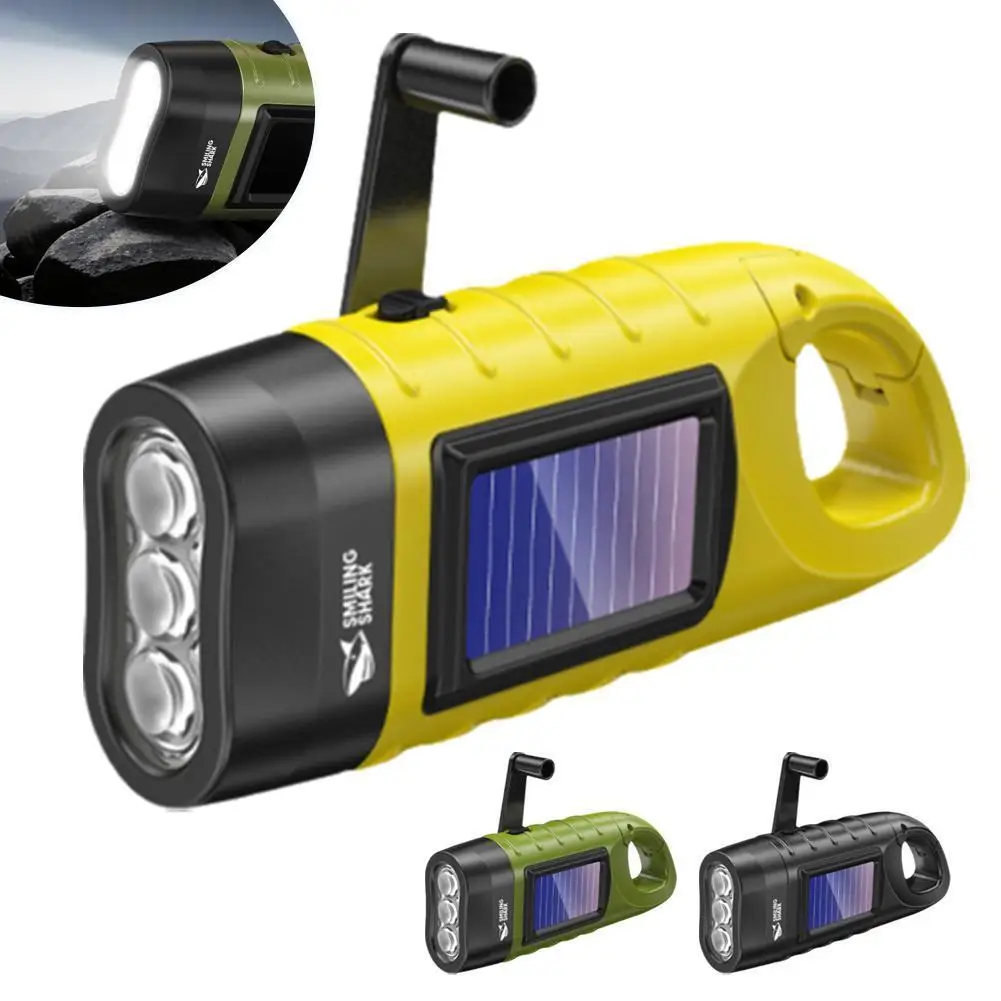 

3LED Portable Outdoor Hand Crank Solar Powered Flashlight For Fishing Hiking With Folding Buckle Emergency Lamp ﻿