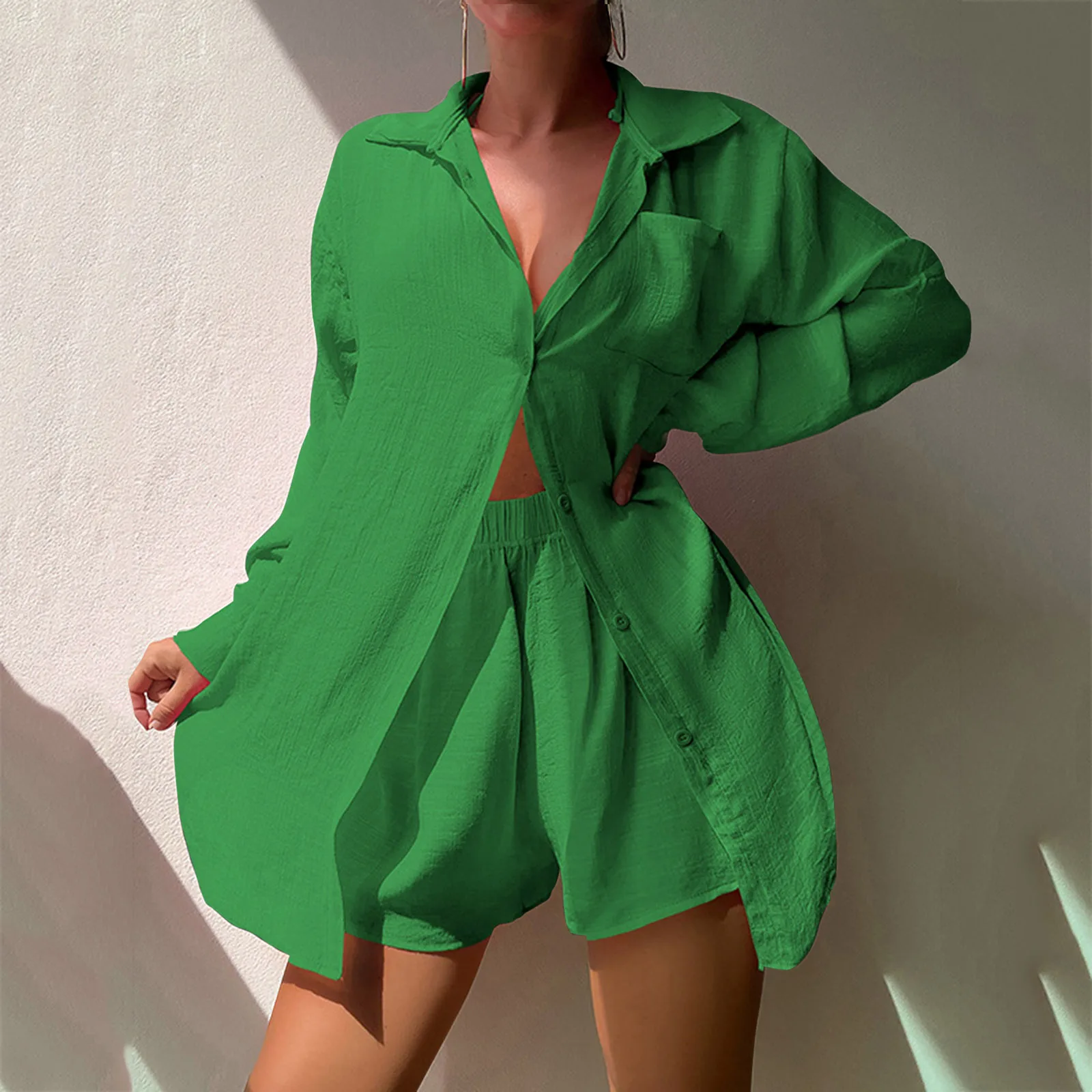 Fashion Long Sleeve Lapel Button Shirt and Shorts Sets Women Casual Solid 2 Piece Loose Beach Swimsuit Sun Protection Suits