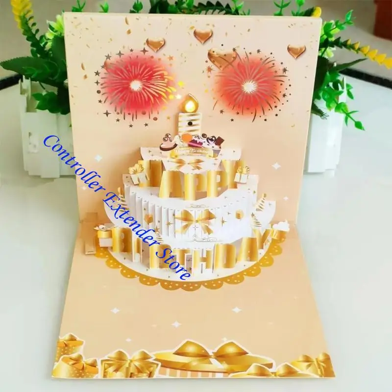N84B Light and Sound Happy Birthday Card Tarjeta felicitación pastel con Luz Música
