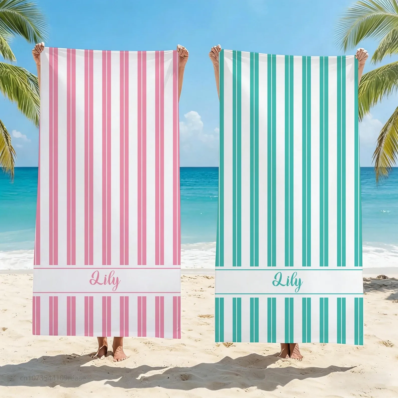 Custom Striped Beach Towel Quick Drying Pink White Personalized Summer Gift