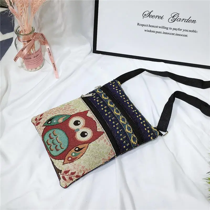 Cute Lady Shoulder Bag Owl Print Messenger Flap Bag Female Mini Canvas Ladies Double Zipper Ladies Messenger Bag 2024