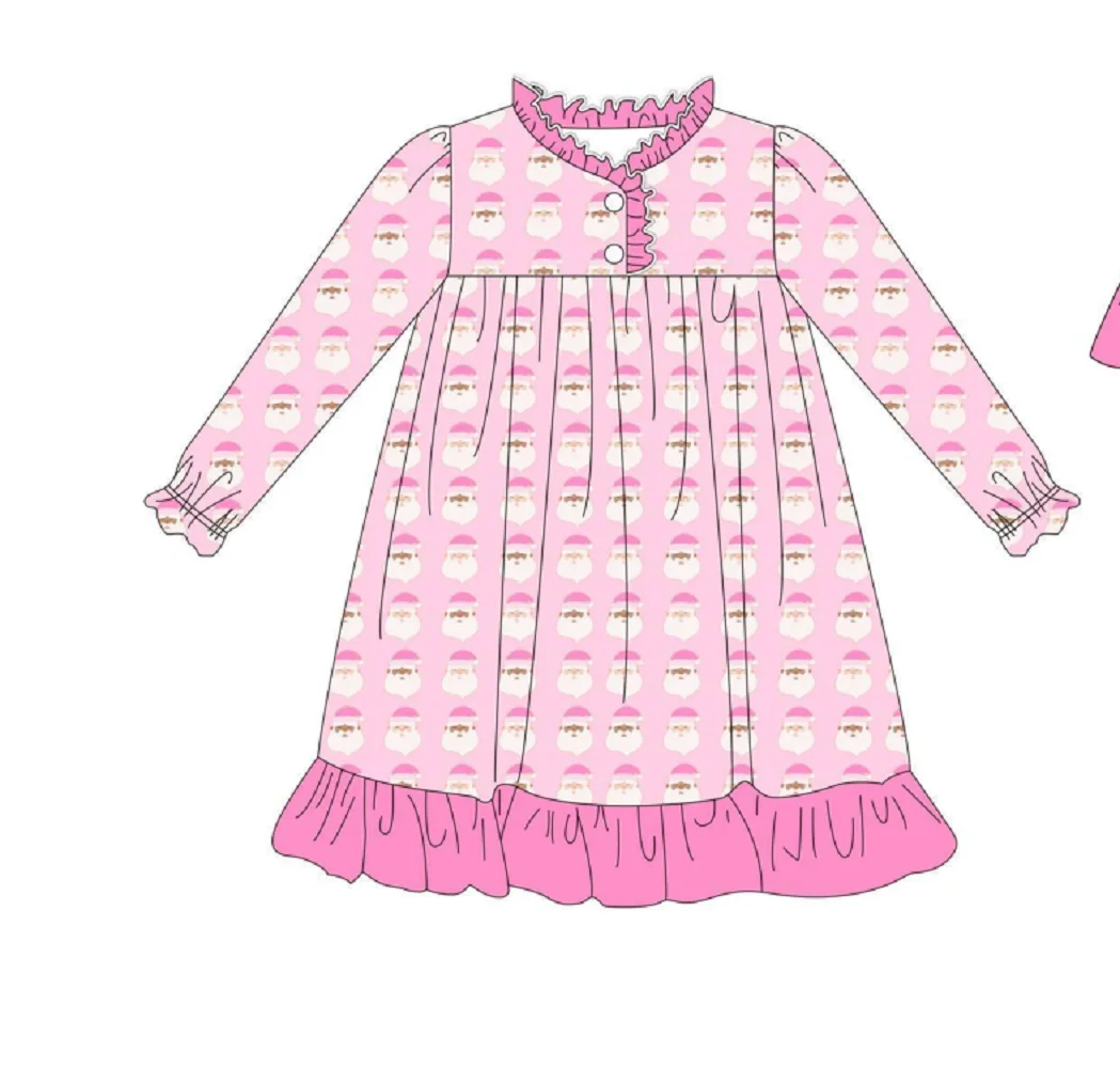 Christmas Print Pink Girls Autumn Long Sleeve Ruffle Boutique Dress Retail and Wholesale