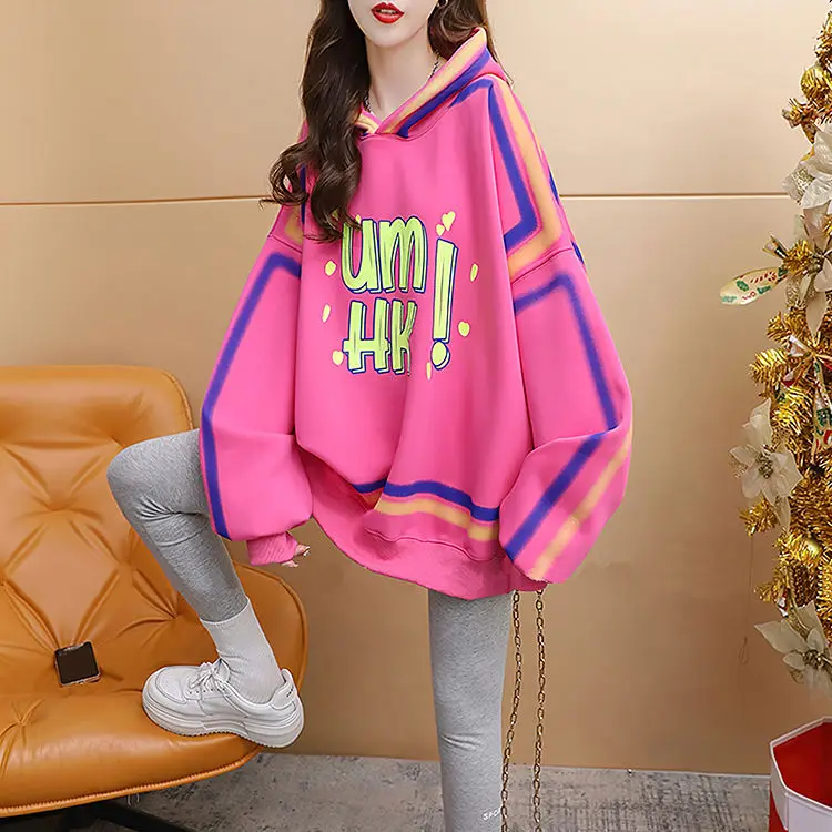 Printed Hooded Top for Women\'s Spring and Autumn Mid Length Plush Thickened and Age Reducing Fashionable and Elegant Women\'s