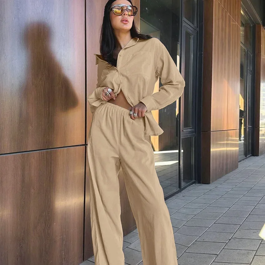 Women Clothes French Retro Cotton Linen Solid Color Top Wide Leg Pants Two Piece Set 2024 Autumn New Girls Fashion Leisure Suit