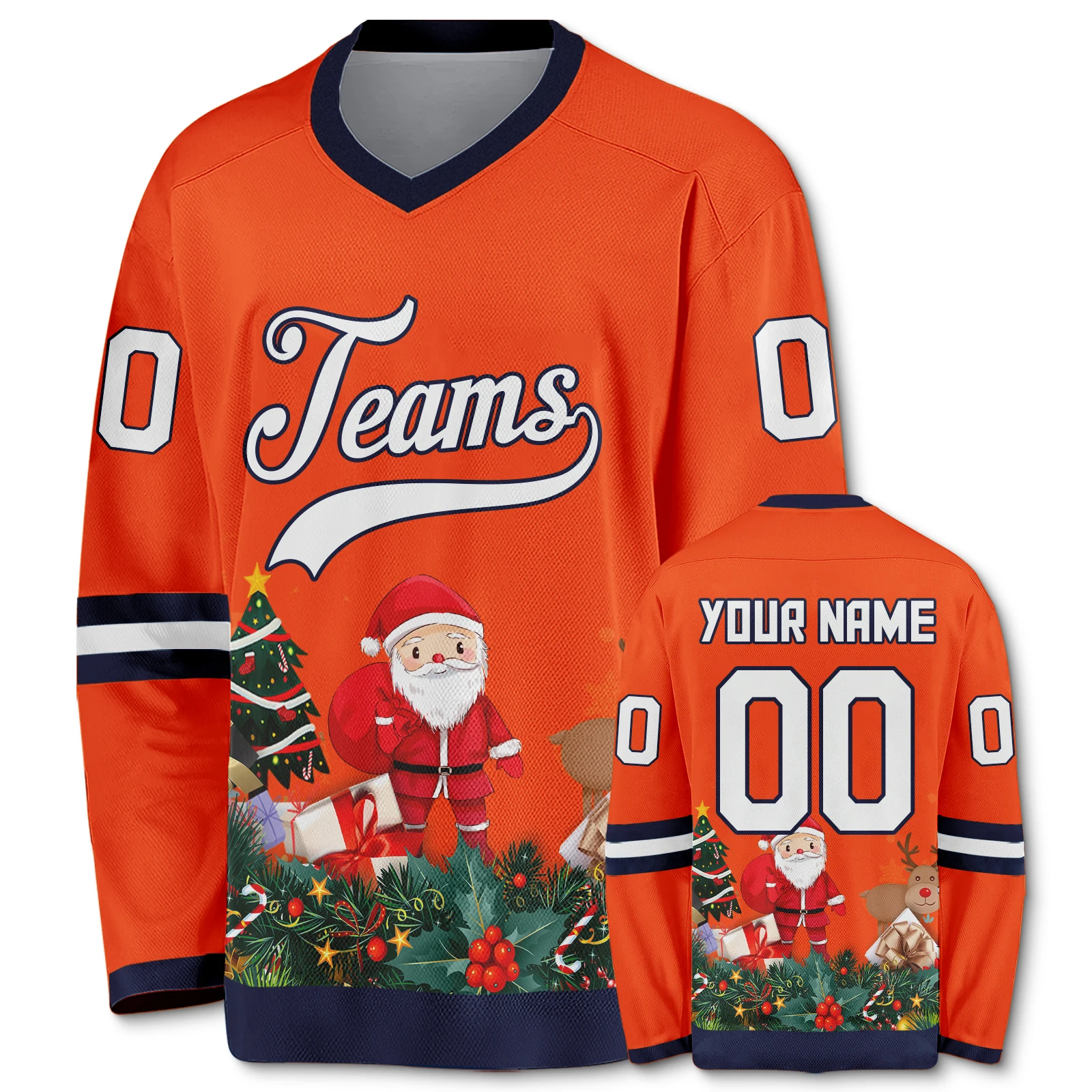 Custom Ice Hockey Jersey Orange-Navy Christmas Hockey Shirt Personalized Team Name Number Uniform for Men Women Youth Kids