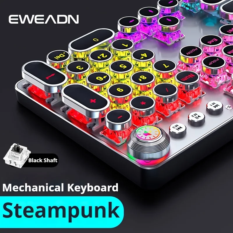 EWEADN Steampunk Mechanical Gaming Keyboard 104 Key All-Metal Panel LED Backlit Ergonomic  Wired Keyboard  for Gamer and Office