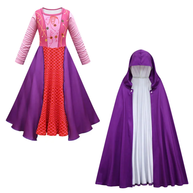 Qq38Kids Halloween Hocus Pocus chica Winifred vestir fiesta de carnaval Sarah Mary Sanderson hermanas bruja Cosplay disfraz con capucha C