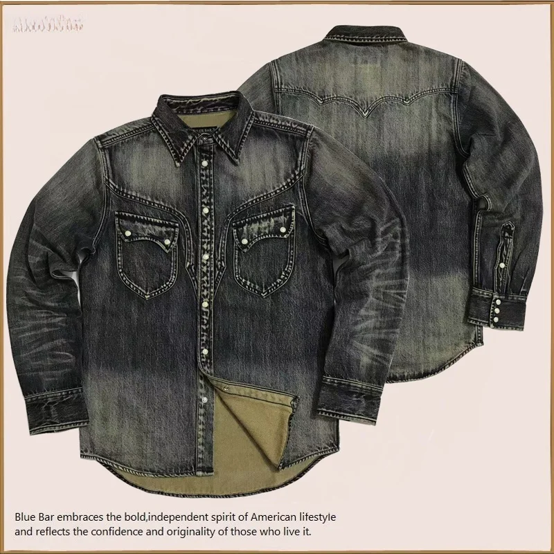 

American Retro Western Blue Denim Long Sve irt Heavy Waed Vintage Sle Pure Cotton Thiened Winter ex Inner Wear