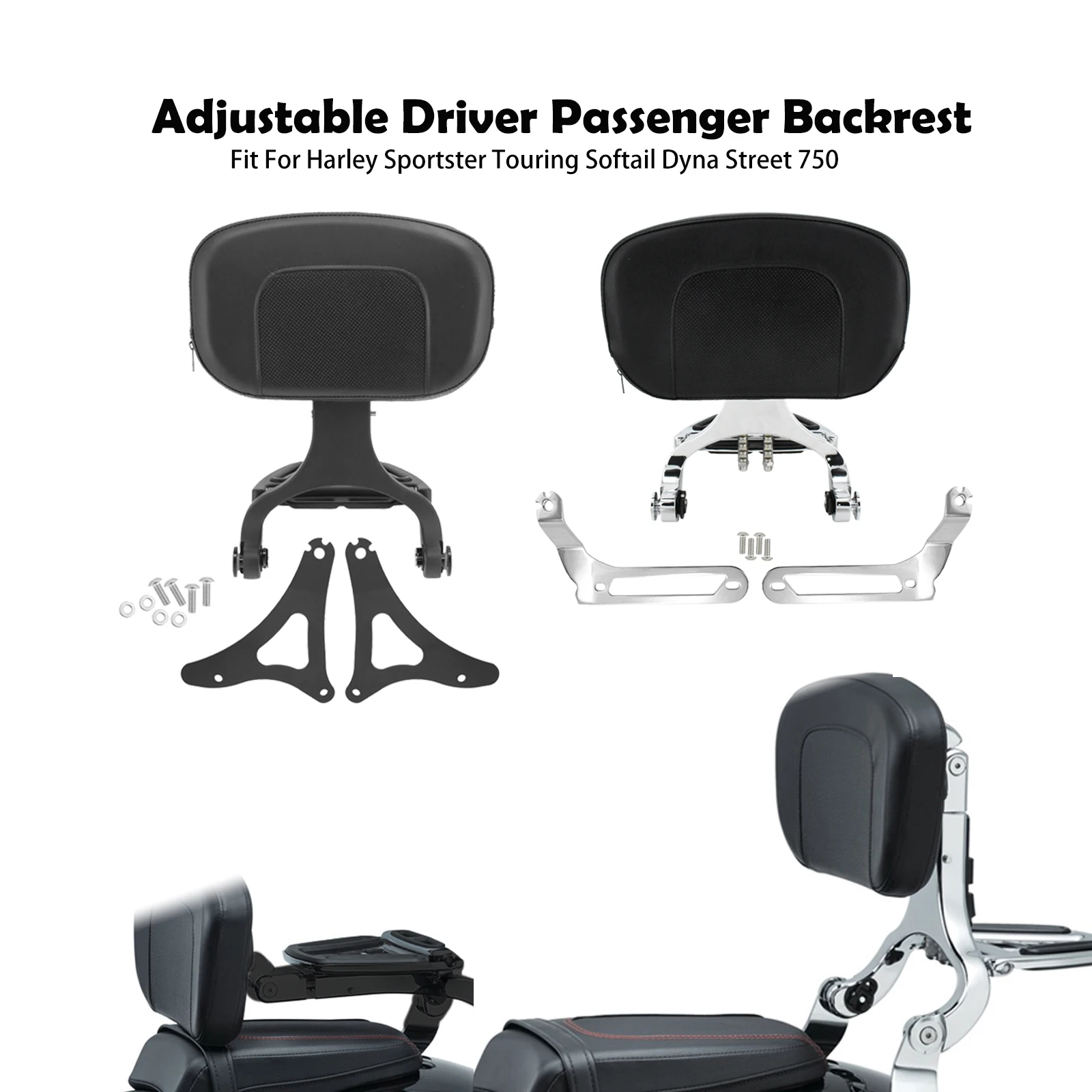 

Motorcycle Adjustable Driver Passenger Backrest Black/Chrome Sissy Bar For Harley 883 Softail Breakout FLSTC FLFB Touring Dyna