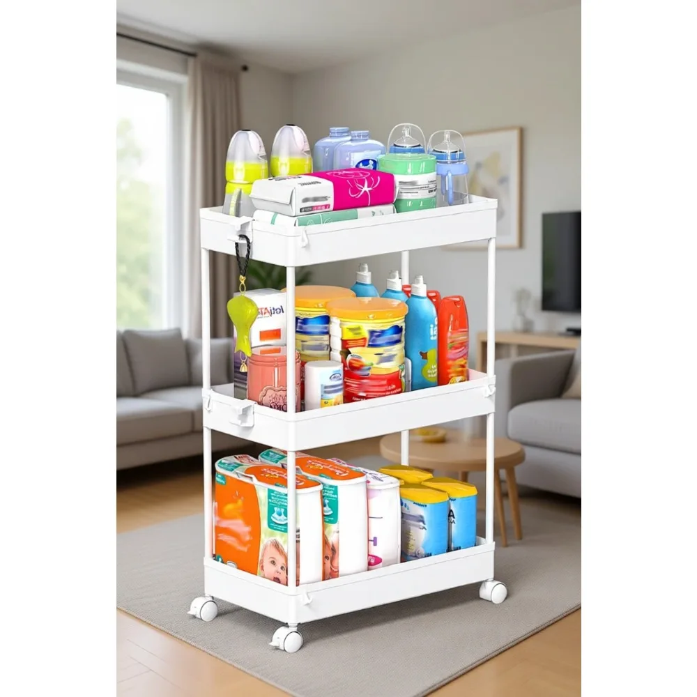 

Трехуровневая передвижная тележка-стеллаж для хранения, органайзер для прачечной и ванной комнаты, белый