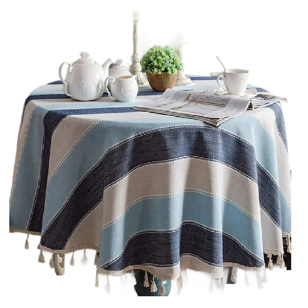 Round Rustic Tablecloth Farmhouse Striped Cotton Linen Tablecloth with Tassel Heavy Duty Table Cover for Tabletop