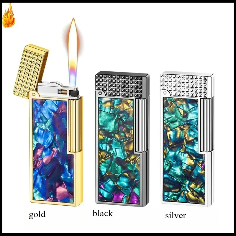 Metal Colored Shell Inlaid Ultra-thin Inflatable Lighter, Side Sliding Ignition Wheel Torch Windproof Lighter Men's Smoking Gift