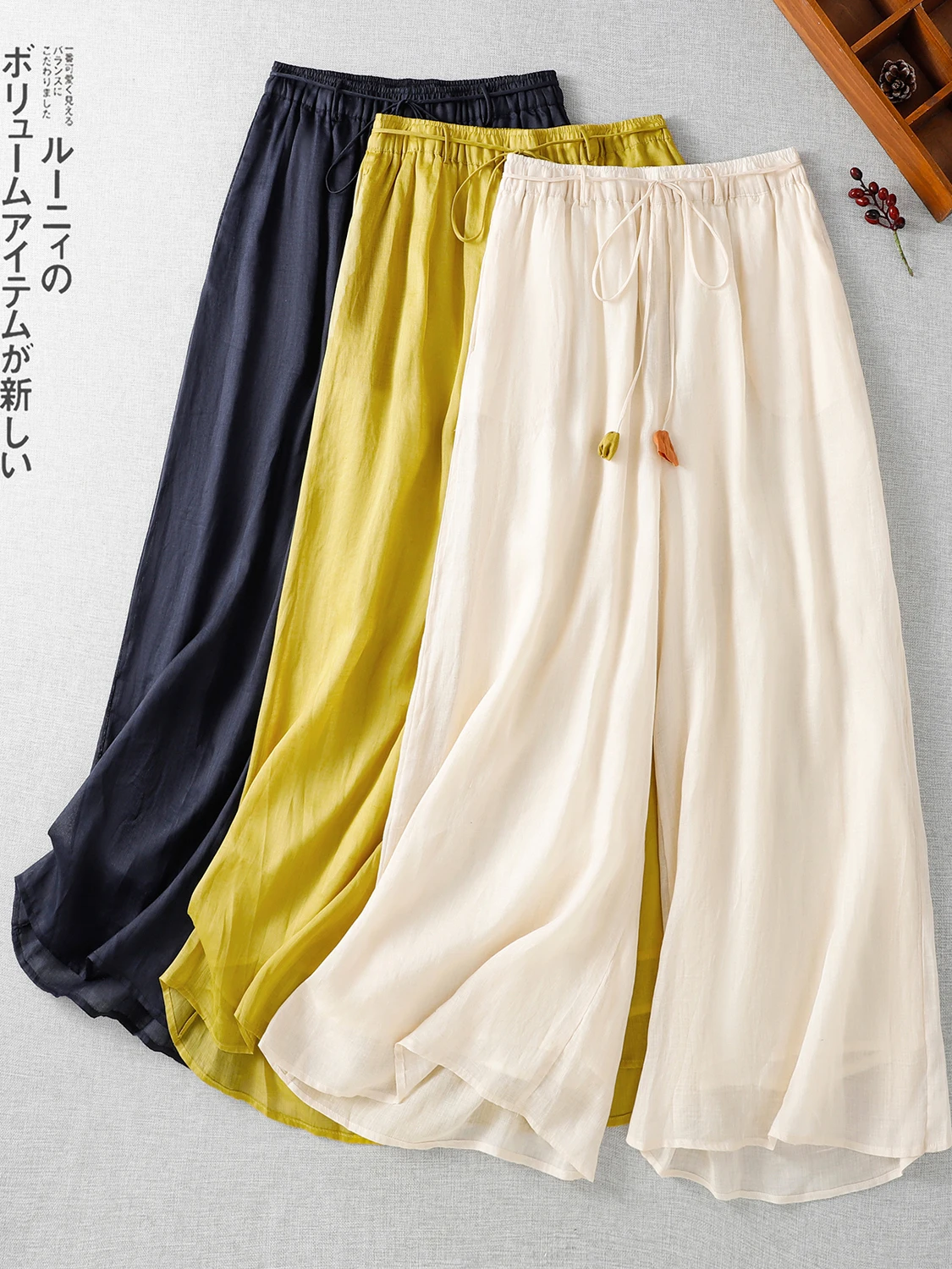 

Artistic Pure Color Thin Cotton Linen Wide Leg Pants Large Size Women's Elastic Waist Dstring Casual Straight Leg Pants