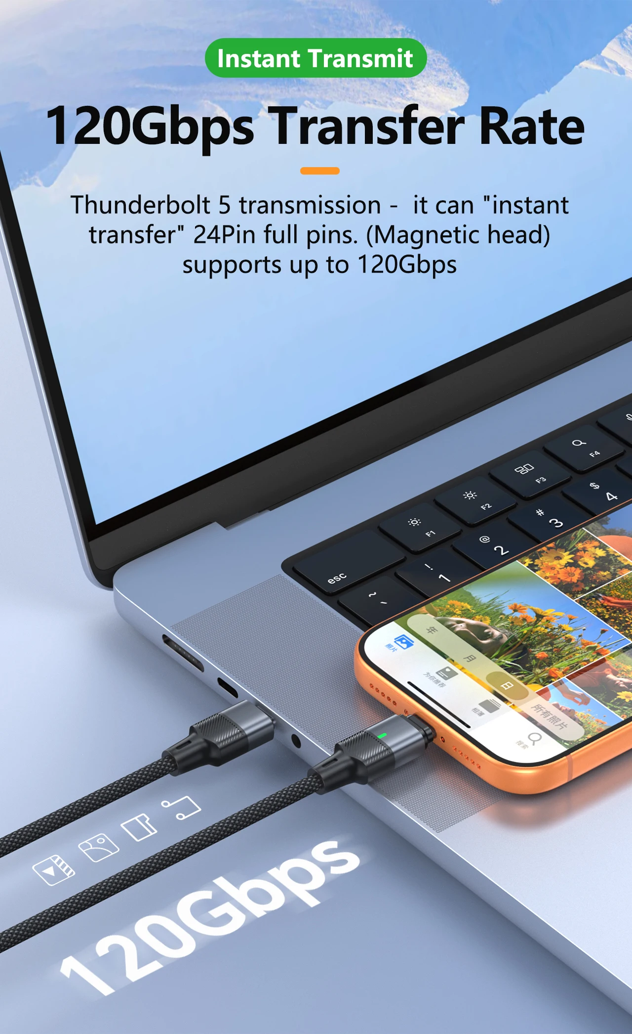 Boxiang Magnetic Plug 240W 48V5A Magnetic USB-C Cable PD3.1Fast Charge 120Gbps High Speed Data Sync Dual Use Type C Charger Wire