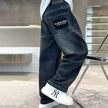 Boys Plush Warm Jeans 5 Spring Autumn Winter 4-14 Years Boys Plush Warm Jeans Fashion Letter Loose Straight Denim Pants Kids Casual Streetwear Trousers 5
