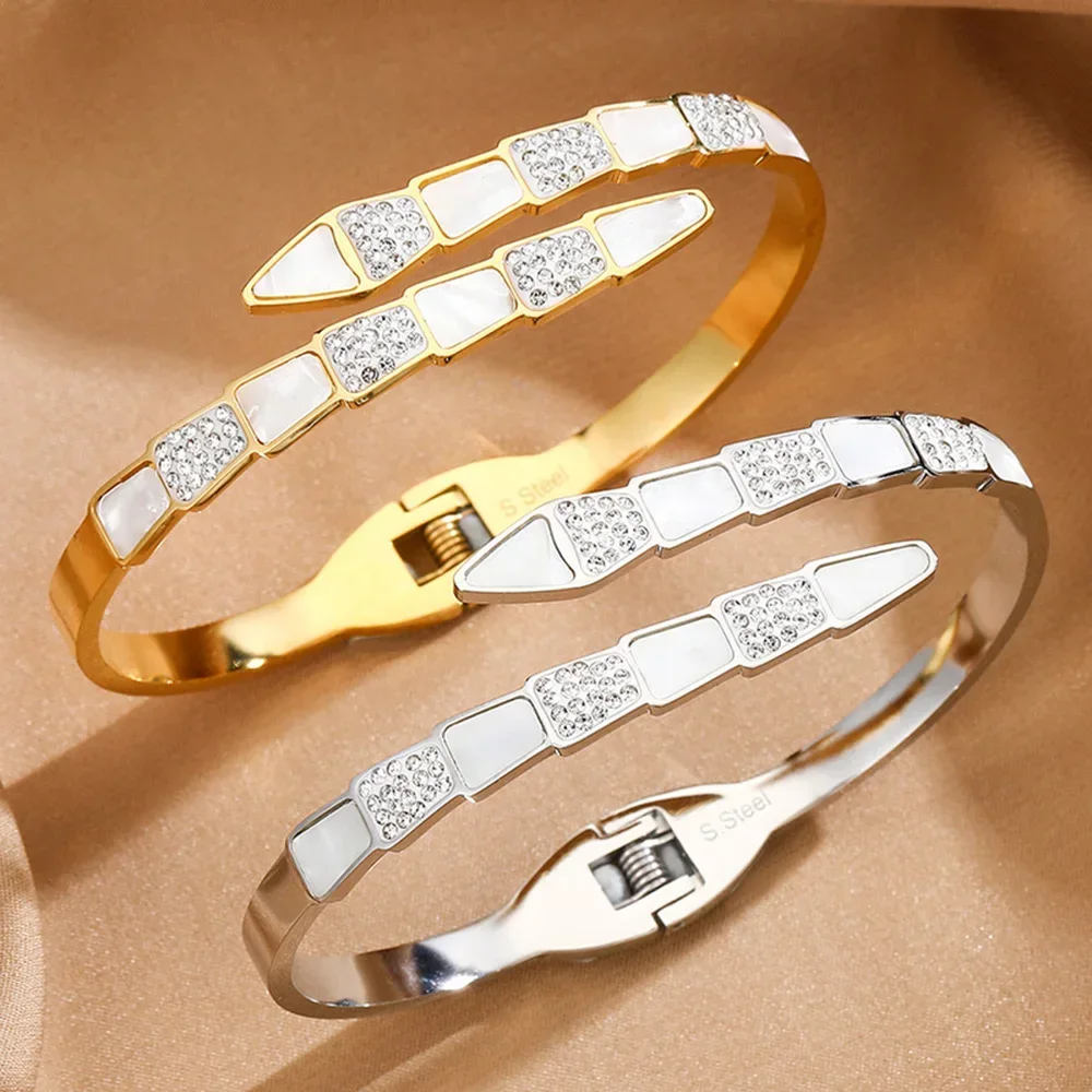 316L Stainless Steel White Drop Glue Crystal Enamel Shell Buckle Women's Bracelet Bangle Goden Wedding Jewellery