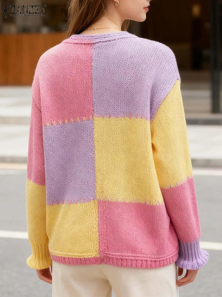 2025 zanzea malha cor retalhos blusas femininas moda manga longa malhas cardigans outono com decote em v casual solto jumpers