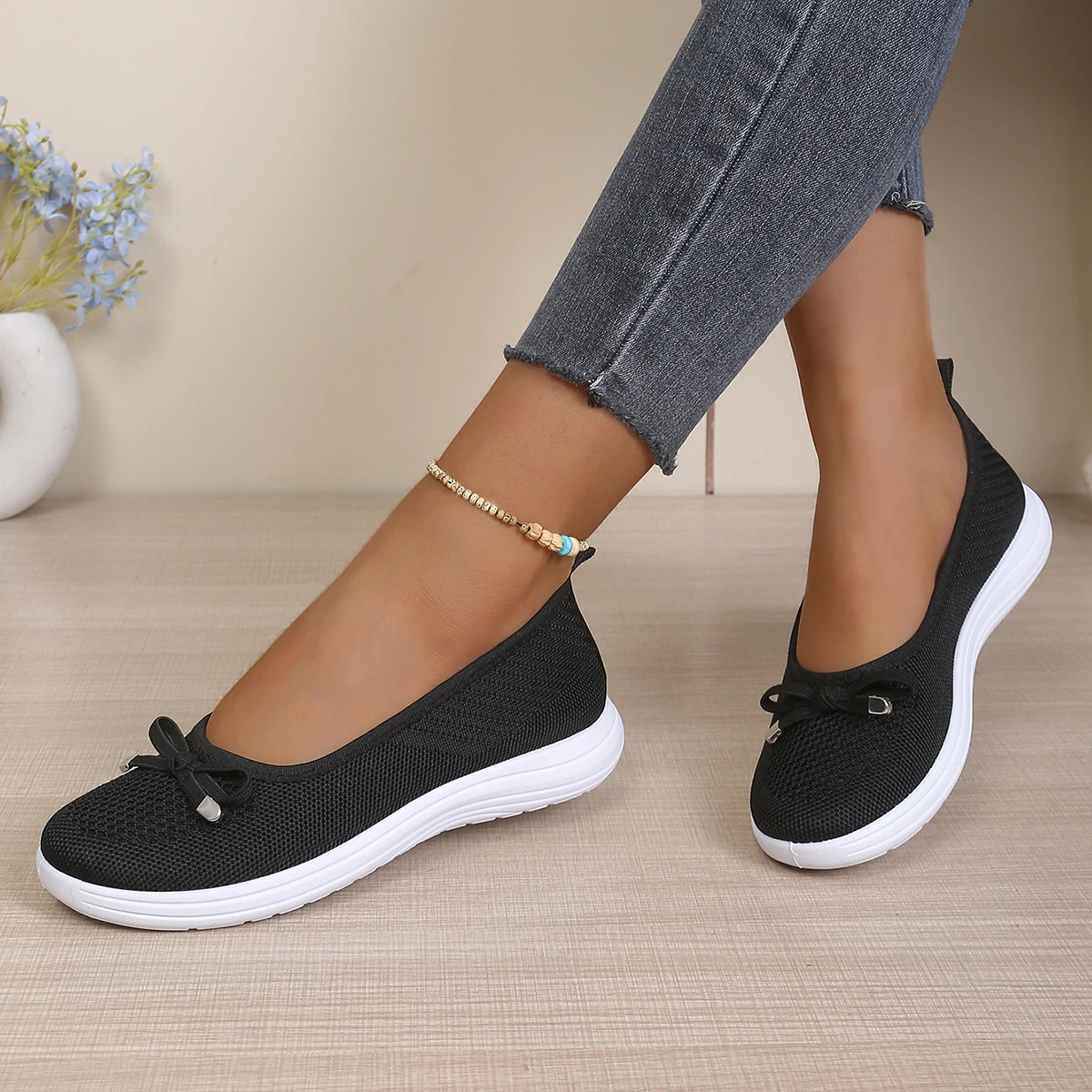 Women's Breathable Mesh Slip On Flats Bow Decor Lightweight All Seasons Daily Commute Outdoor Comfort Mom Walking Shoes