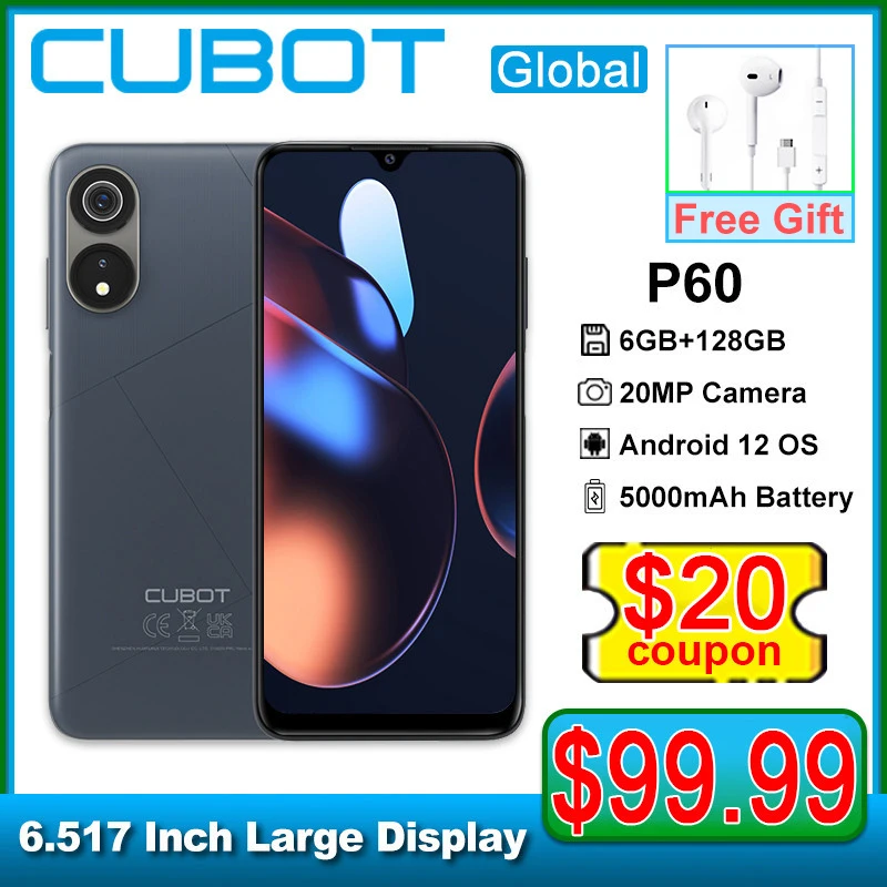 cubot smartphone p60 6517 octa core android 12 5000mah bateria de celulares 20mp camera 6gb mais 128gb dual sim face id do telefone movel 01