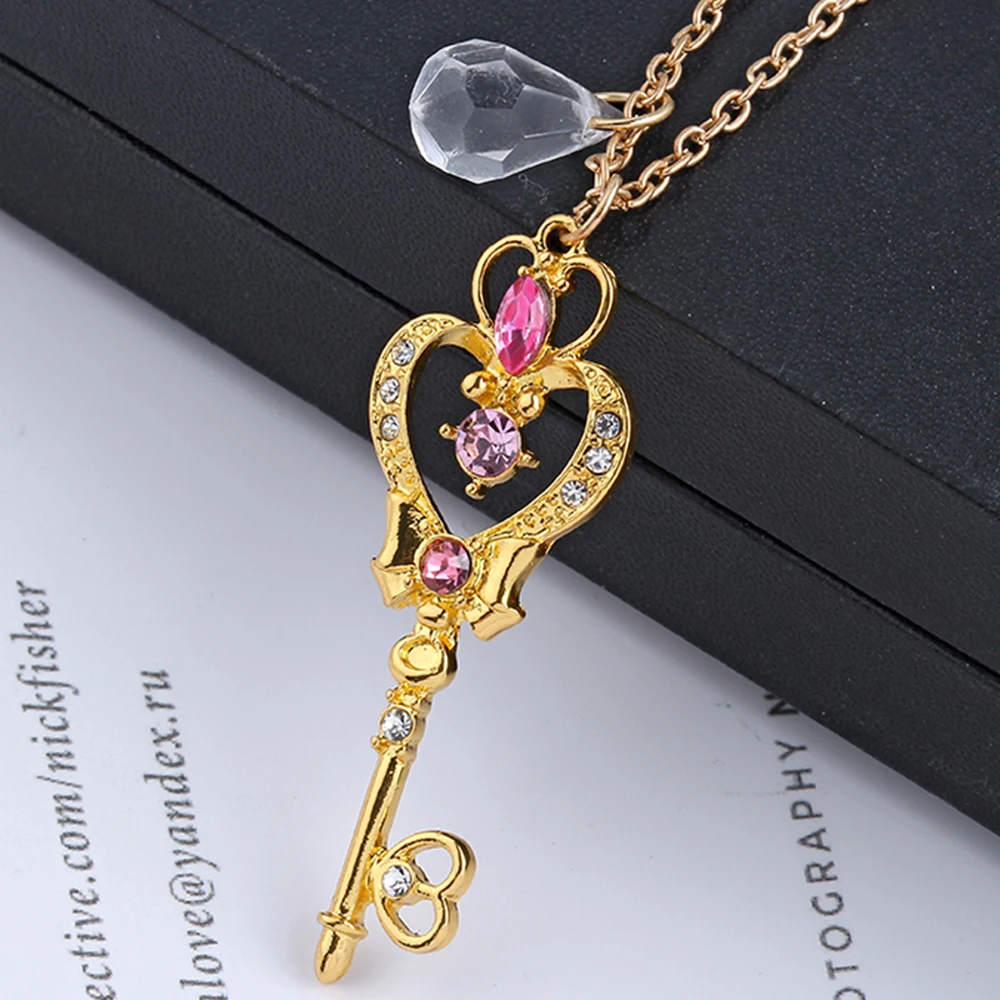 Fashion Sailor Moon Heart Shaped Key Crystal Necklace Cartoon Anime Pendant Necklace for Women Jewelry Accessories Toy Gift