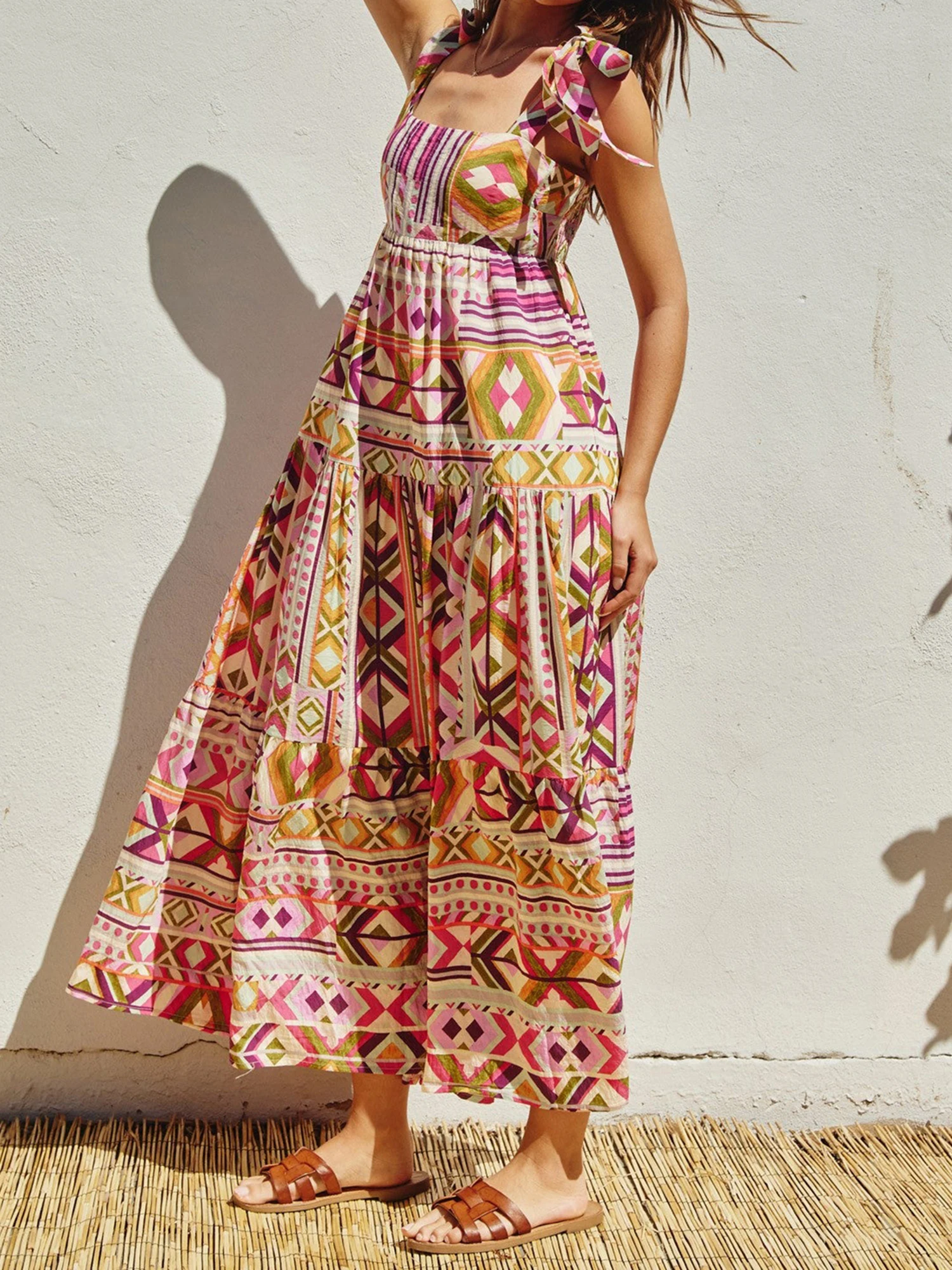 여성 여름 긴 캐미 드레스 민소매 타이 어깨 스퀘어 넥 Boho 패턴 프린트 비치 드레스