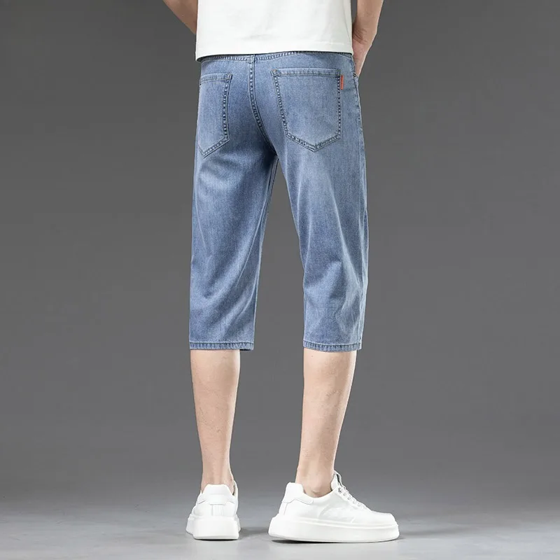 Tencel driedelige denim shorts voor heren in de zomer, dunne, losse, rechte ijszijde trendy casual broek, modieus en individueel