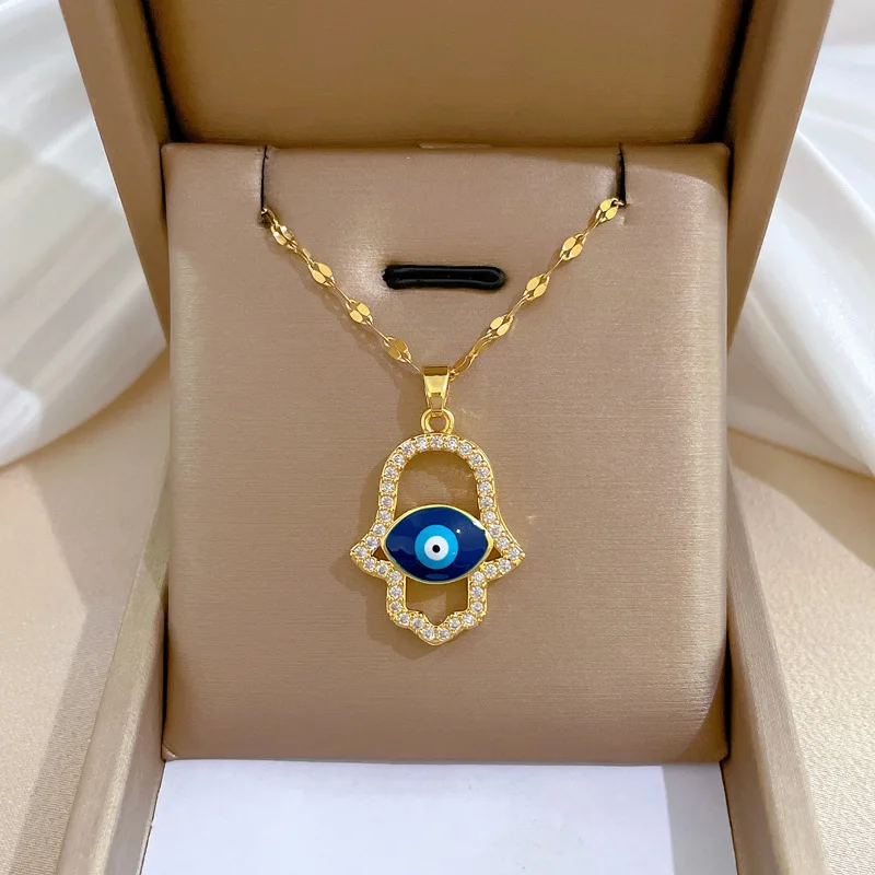 Stainless Steel Turkish Eye Fatima Hand Necklace For Women Zircon Bule Evil Eye Pendant Chain Choker Goth Christmas Jewelry Gift