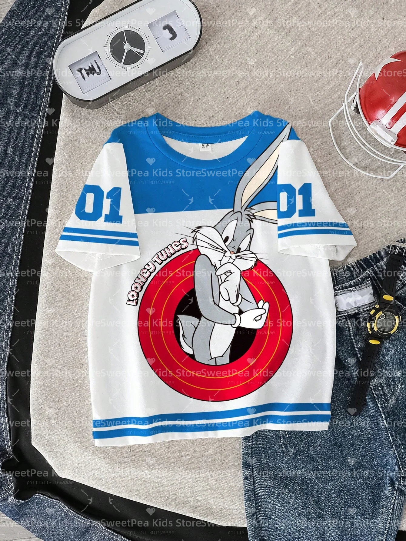 LOONEY TUNES Camiseta infantil minimalista com estampa de desenho animado, casual, verão, gola redonda, manga curta, camiseta solta