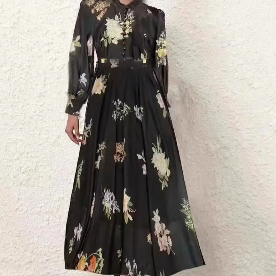 

2025 Summer Single breasted High end Printed Long sleeved Medium length Dress