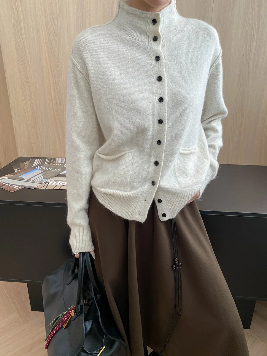 Cárdigan de punto adelgazante suelto con un solo pecho y cuello levantado con diseño de nicho de color sólido informal para mujer