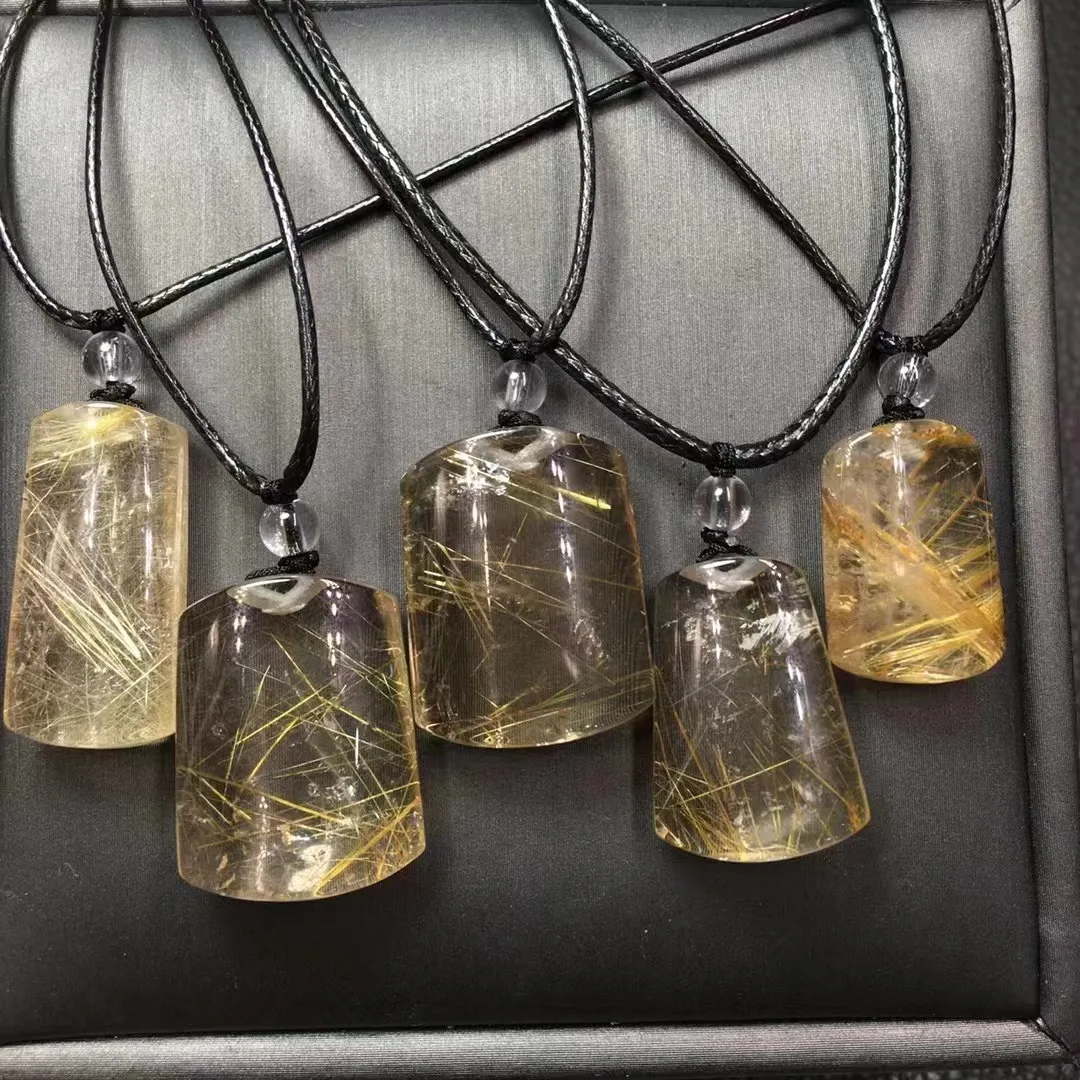 Unit One Piece Wholesale Natural Rutilated Quartz Crystal Healing Square Shape Pendant With Leather Rope