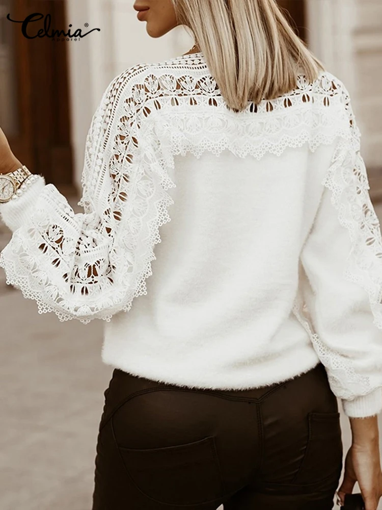 2023 Celmia Women Spring Plush Pullovers Sweaters Elegant Long Lantern Sleeve Shirt Tunic Fashion Lace Hollow Fur Top Streetwear