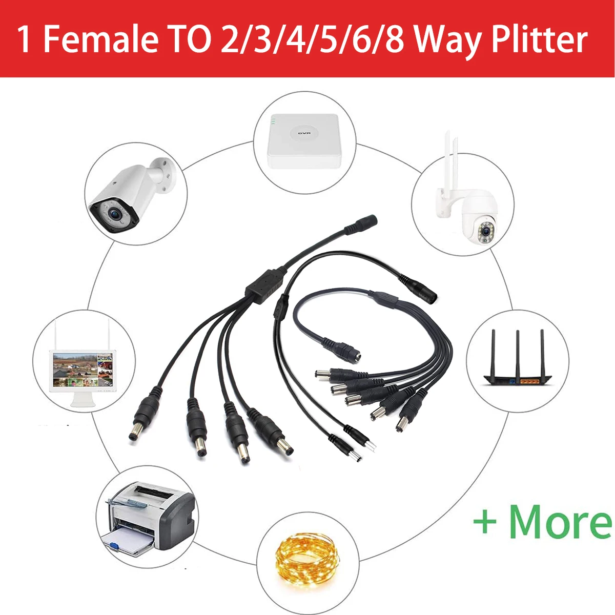 5.5x2.1mm Splitter Power Cable LED Connector 1 Female to 2/3/4/6/8 Way Male DC 12v Power Cable for CCTV Camera LED Strip Lights