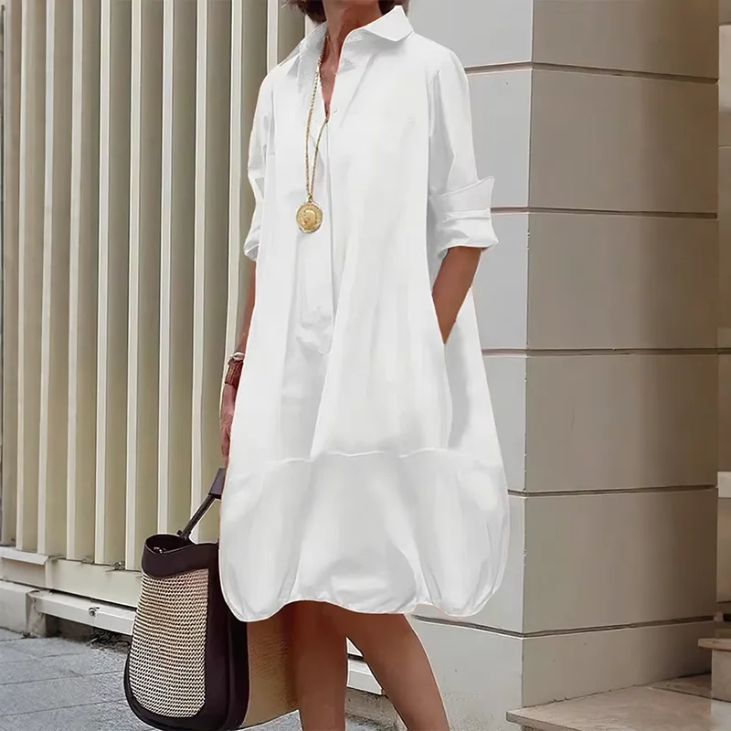 

Women's Shirts Dress Office Commute Midi Dresses Spring Elegant Solid Color Simple Loose Lapel Collar Fashion Ladies Shirt Tops
