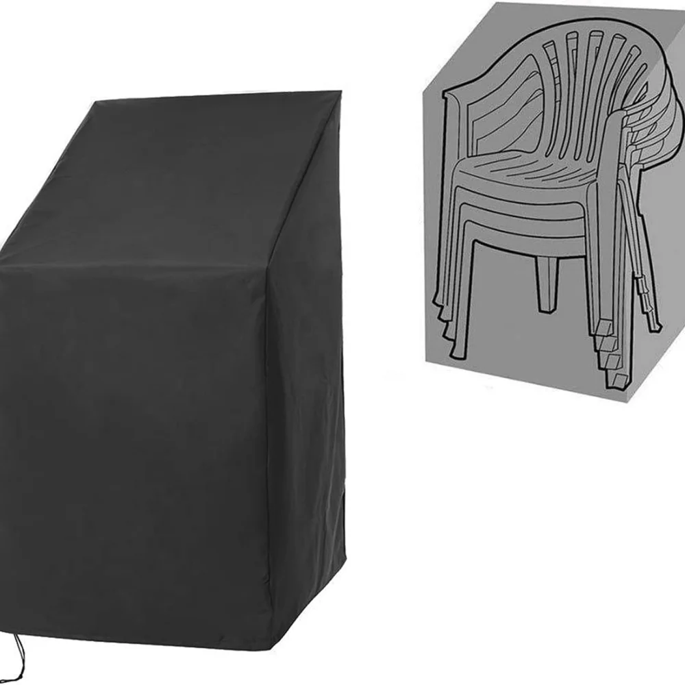 Black Stackable Patio Chair Cover Outdoor Furniture Cover Adjustable Drawstring Polyester Velor Fabric Silver PU Coating