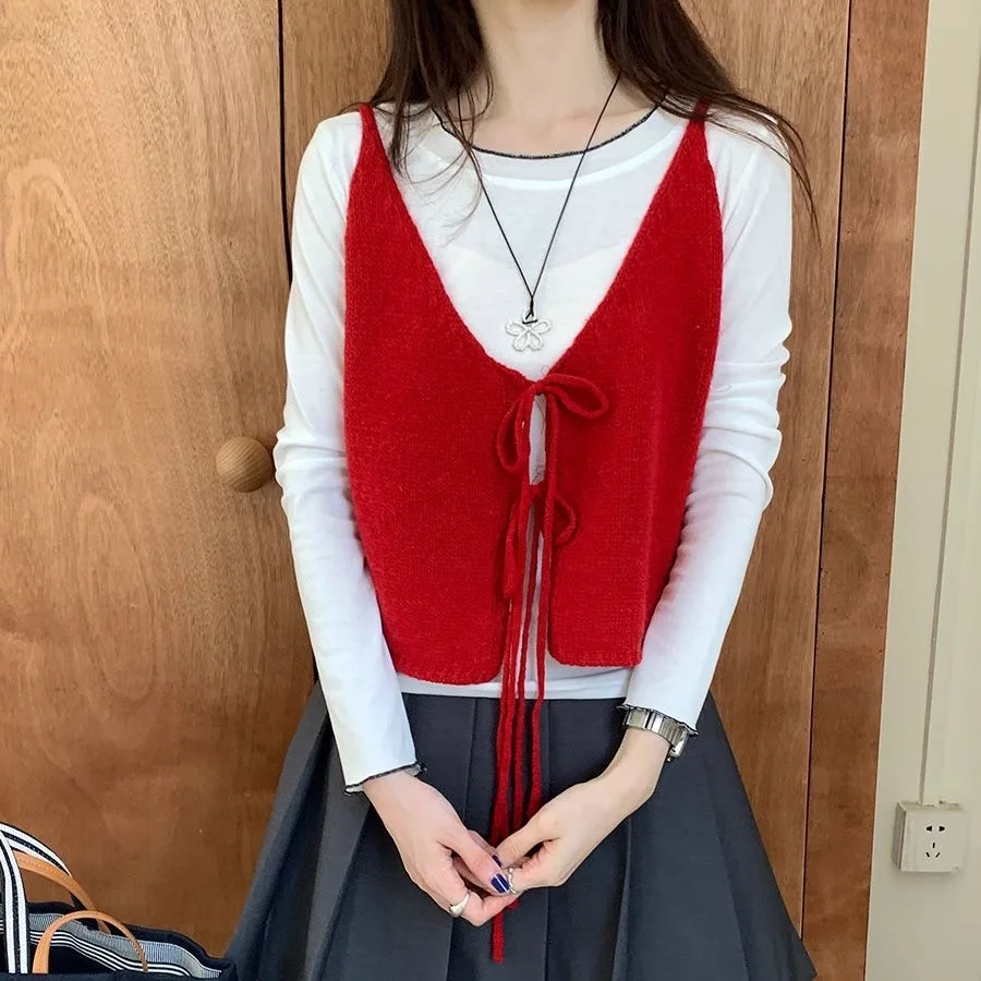 Two Side Wear Tie-Front Sweater Vest Red Beige Yellow Gray Black Sleeveless Knit Cardigan Spring Autumn V-neck Fashion Cover Top