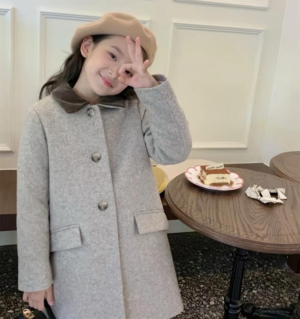 

winter kids girls clothes Grey temperament girl's coat British style girls' coat Cherry style girl overgarment