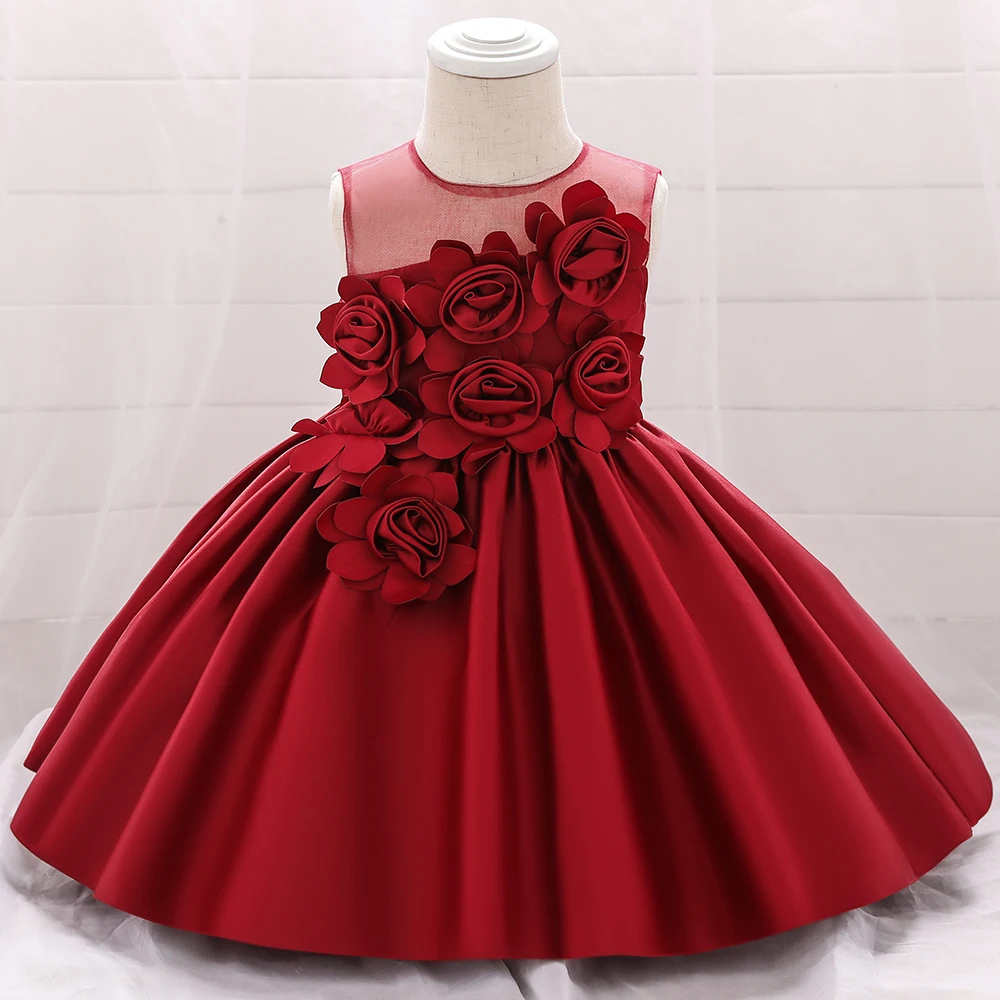 Toddler Red Flower Christmas Baby Girls Party Dress Elegant 1 Yrs Birthday Baptism Princess Girl Dresses Wedding Gown Vestidos