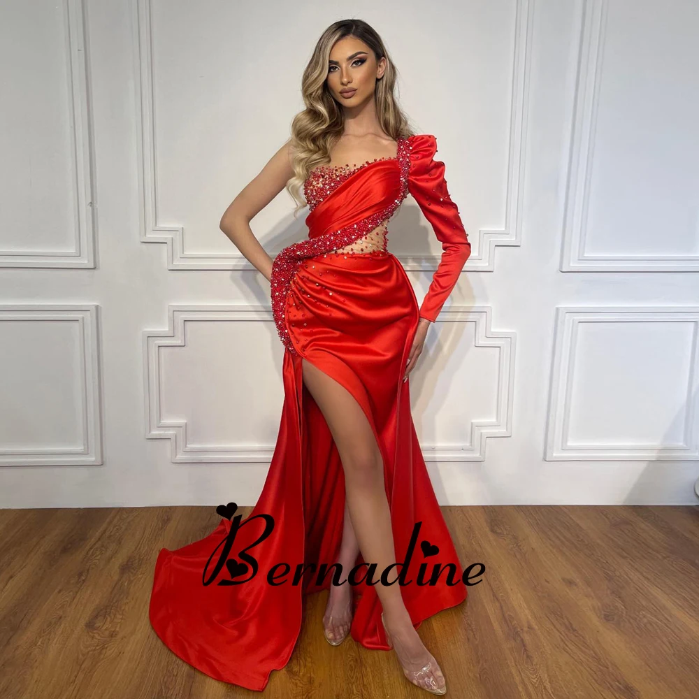 

Bernadine Luxury Mermaid Prom Dresses Pearls One Shoulder Rhinestones Satin Party Gown Long with Sleeves Vestidos De Novia