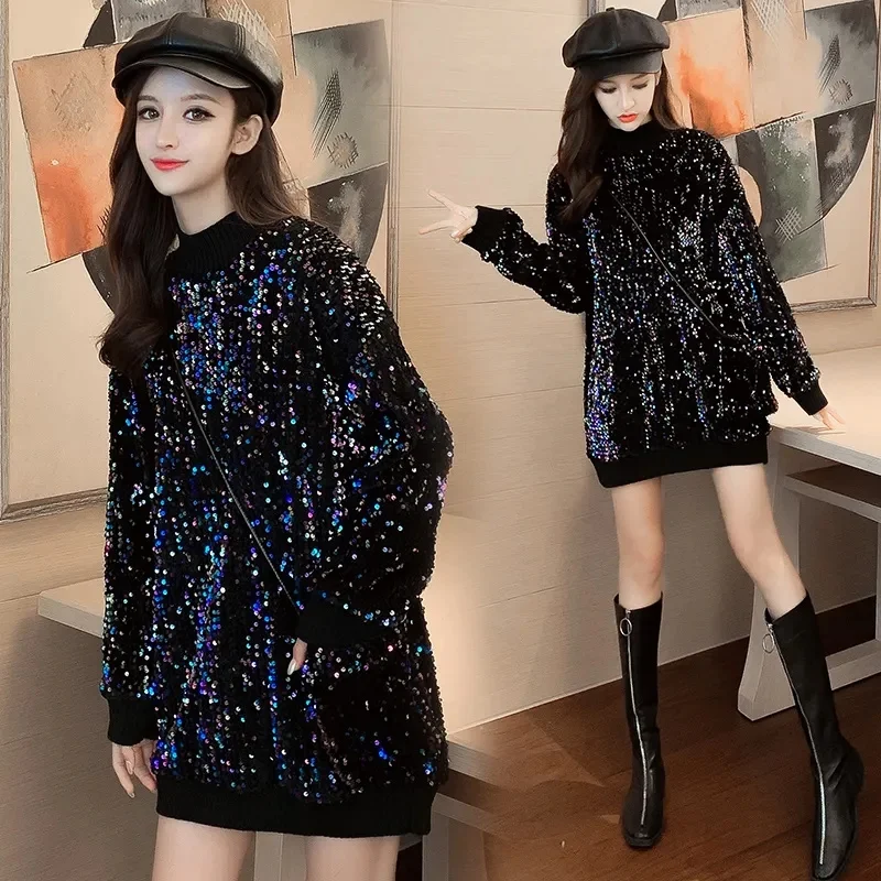 Sequin Pullover Top Women Autumn Winter Add Velvet Thickening Mini Dress Female Loose Korean Sweatshirt Lady Tops