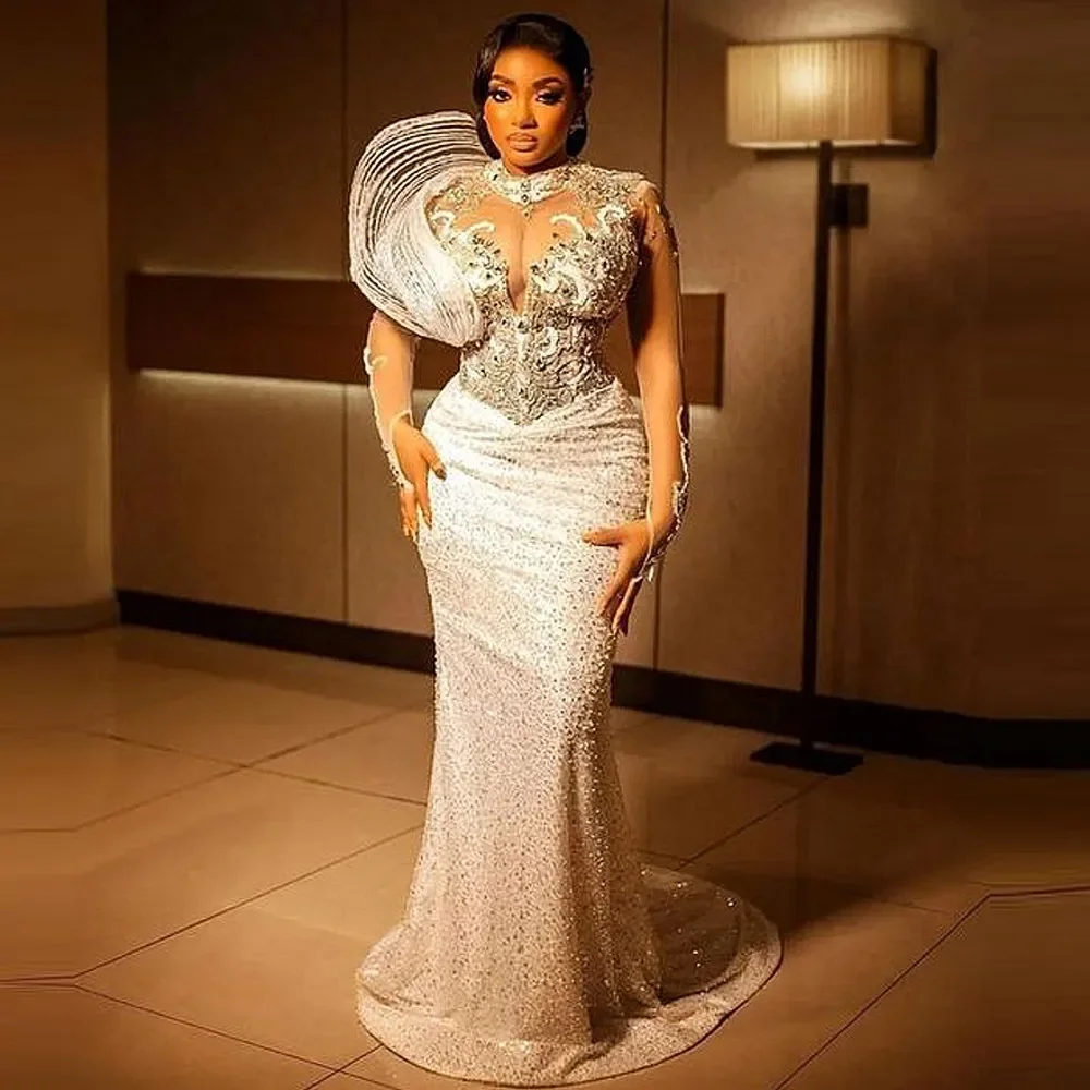 

Illusion Beads Appliques Long Sleeves Mermaid Evening Dress For African Women Aso Ebi Party Gowns Stunning Sequined Prom Dresse