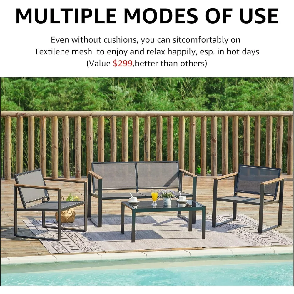 4 قطع مجموعات أثاث الفناء، مجموعات أثاث الفناء المعدنية في الهواء الطلق، مجموعة محادثة الفناء المقسمة في الهواء الطلق، ذراع خشبي مضاد للحرق #5