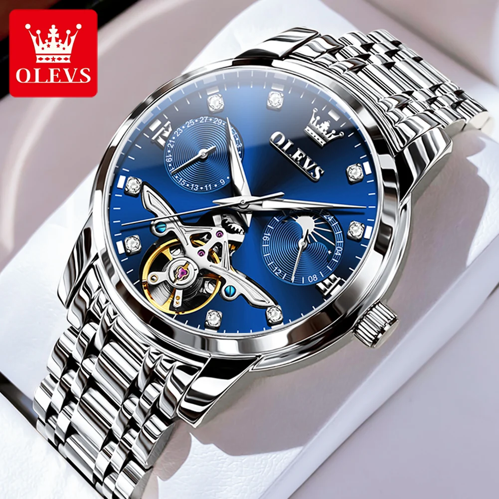 OLEVS 6703 Men's Watch New Luxury Skeleton Multi functional Waterproof Lunar Phase Men Automatic Mechanical Watch Reloj Hombres