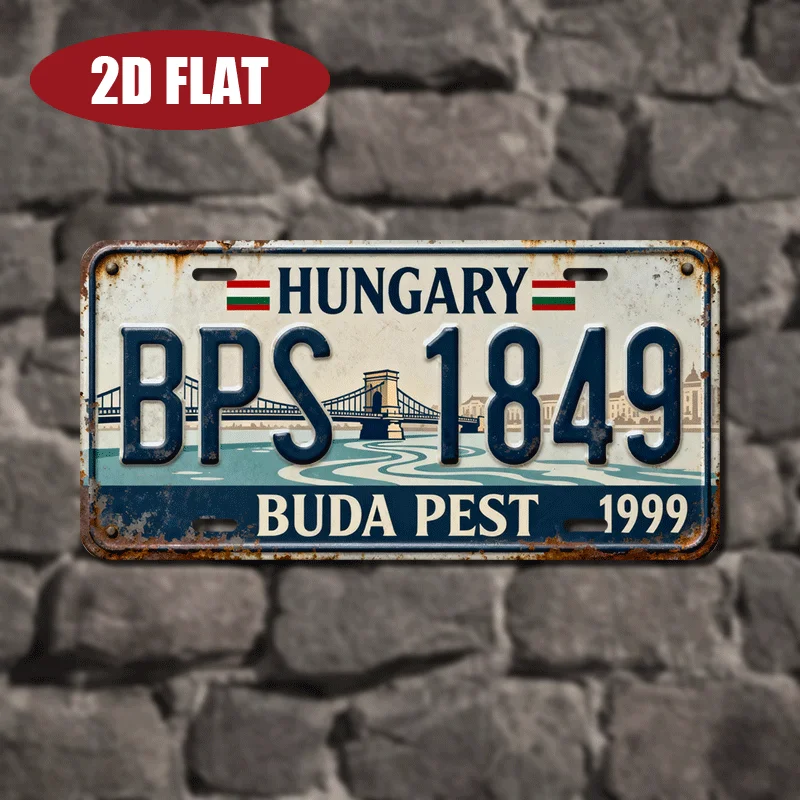 HD Aluminum Metal Sign, Budapest Hungary Vintage License Plate Style Wall Decor, Retro Chain Bridge Danube River Cityscape Desig