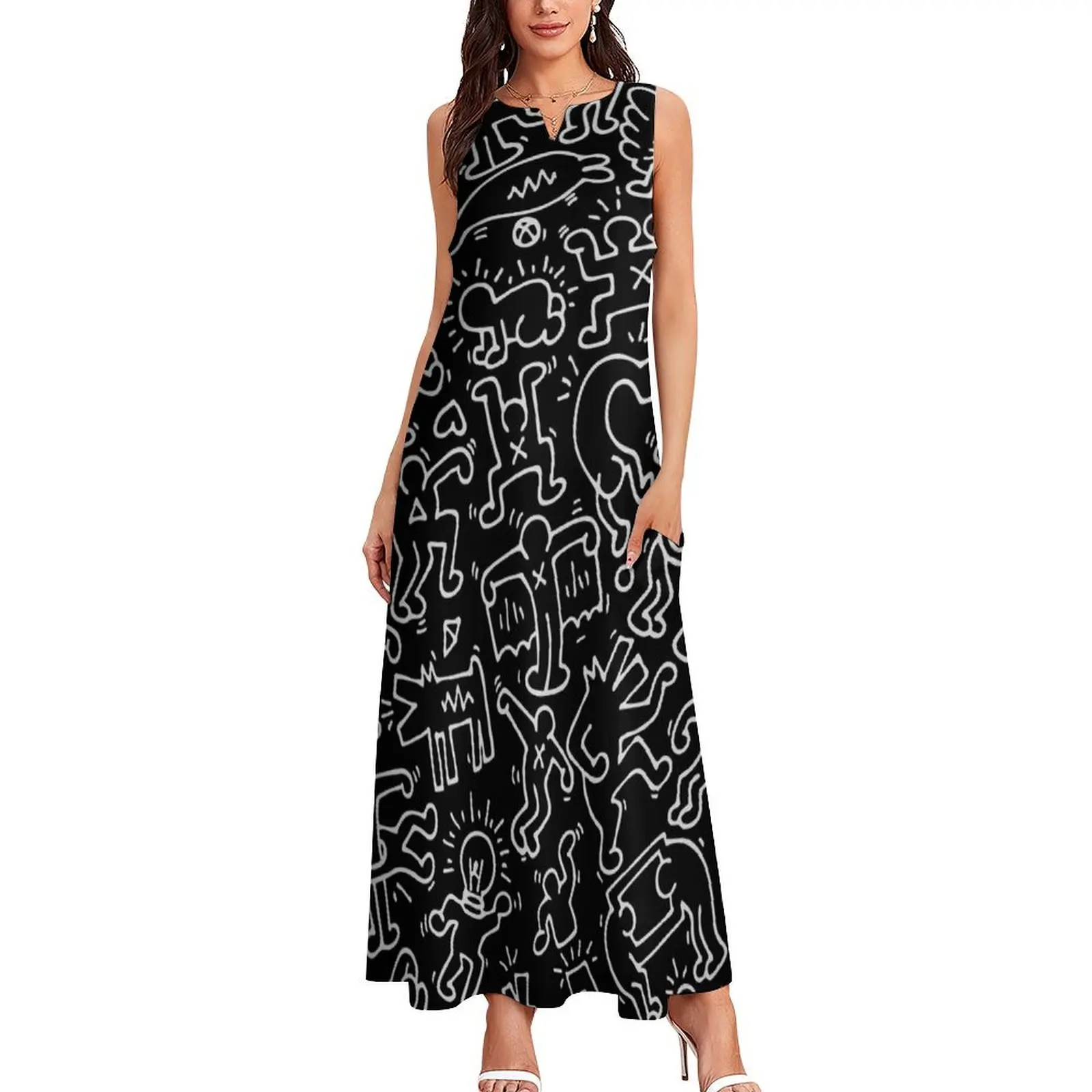 Dance in BLACK Kieth DJ DOG Haring ANIMAL Street Art Long Dress womans clothing purple dress