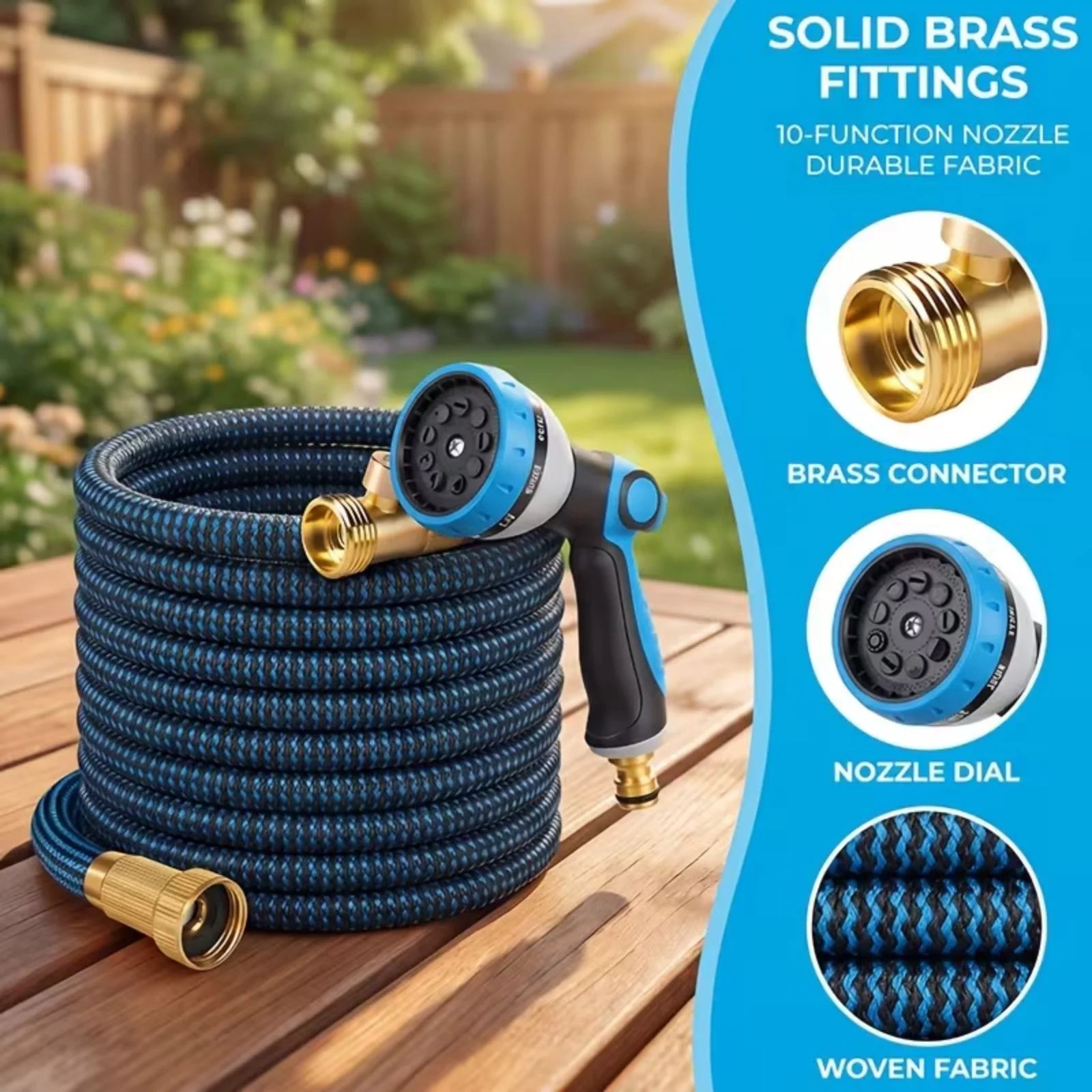 For Car Washing, Garden Watering, Lawn Care 15FT-100FT Garden Water Hose 3/4-inch Solid Brass Fittings With 10 Spray Modes, Nozzles and Spray Gun, Leak-Proof and Tangle-Proof Applications
