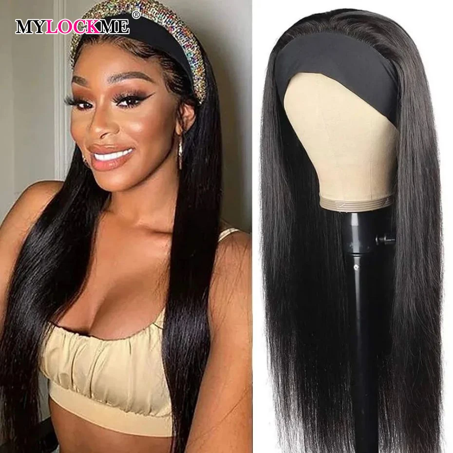 Headband Wig Human Hair Bone Straight Full Machine Made Brazilian Remy Hair For Women 180% Glueless Wig Ready To Wear MYLOCKME